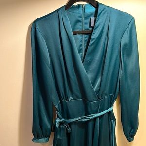 Gabby Skye green satin faux wrap dress with asymmetric hem